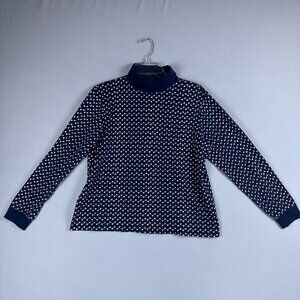 L.L.Bean Turtleneck Top Women Size Large 100% Cotton Heart Print Navt Pink White